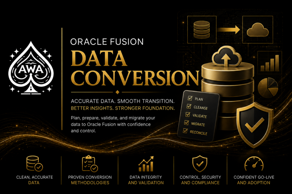 Oracle Fusion data conversion strategy banner featuring migration governance, validation, reconciliation, and ERP implementation readiness from Afternoons With ACEs.