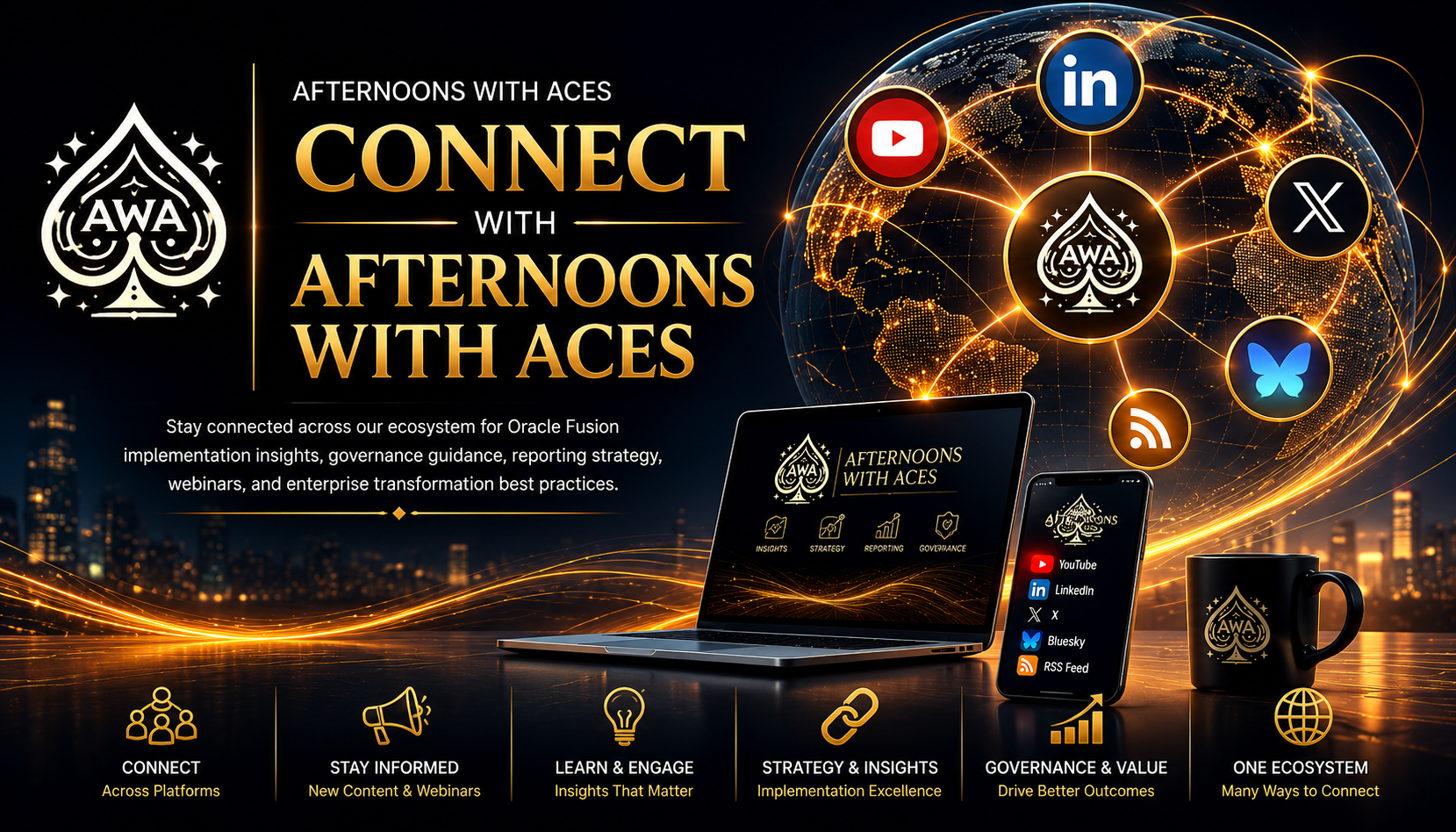 Oracle Fusion Social Media hub banner featuring Afternoons With ACEs branding, YouTube, LinkedIn, X, Bluesky, and RSS integration for Oracle Fusion reporting, governance, analytics, and implementation best practices.