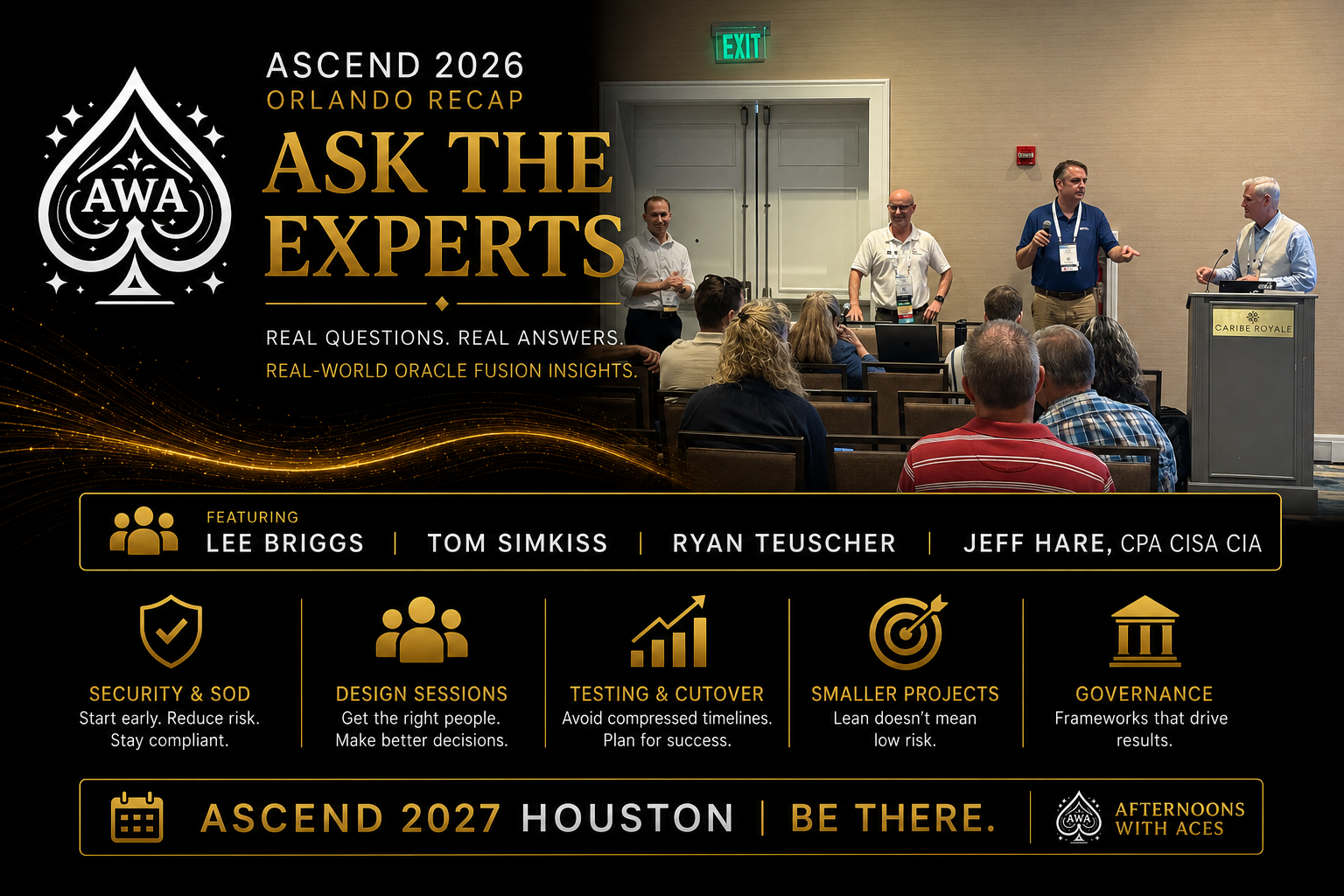 Ascend 2026 Ask The Experts panel discussing Oracle Fusion security, design sessions, testing, and implementation best practices in Orlando